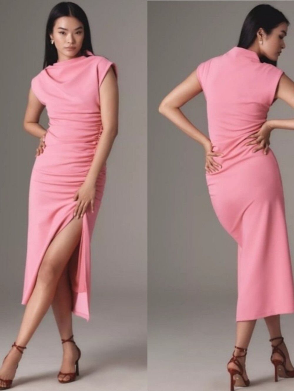 Anthropologie Maya Cowl Neck Draped Ruched Side Slit Midi Sheath Dress